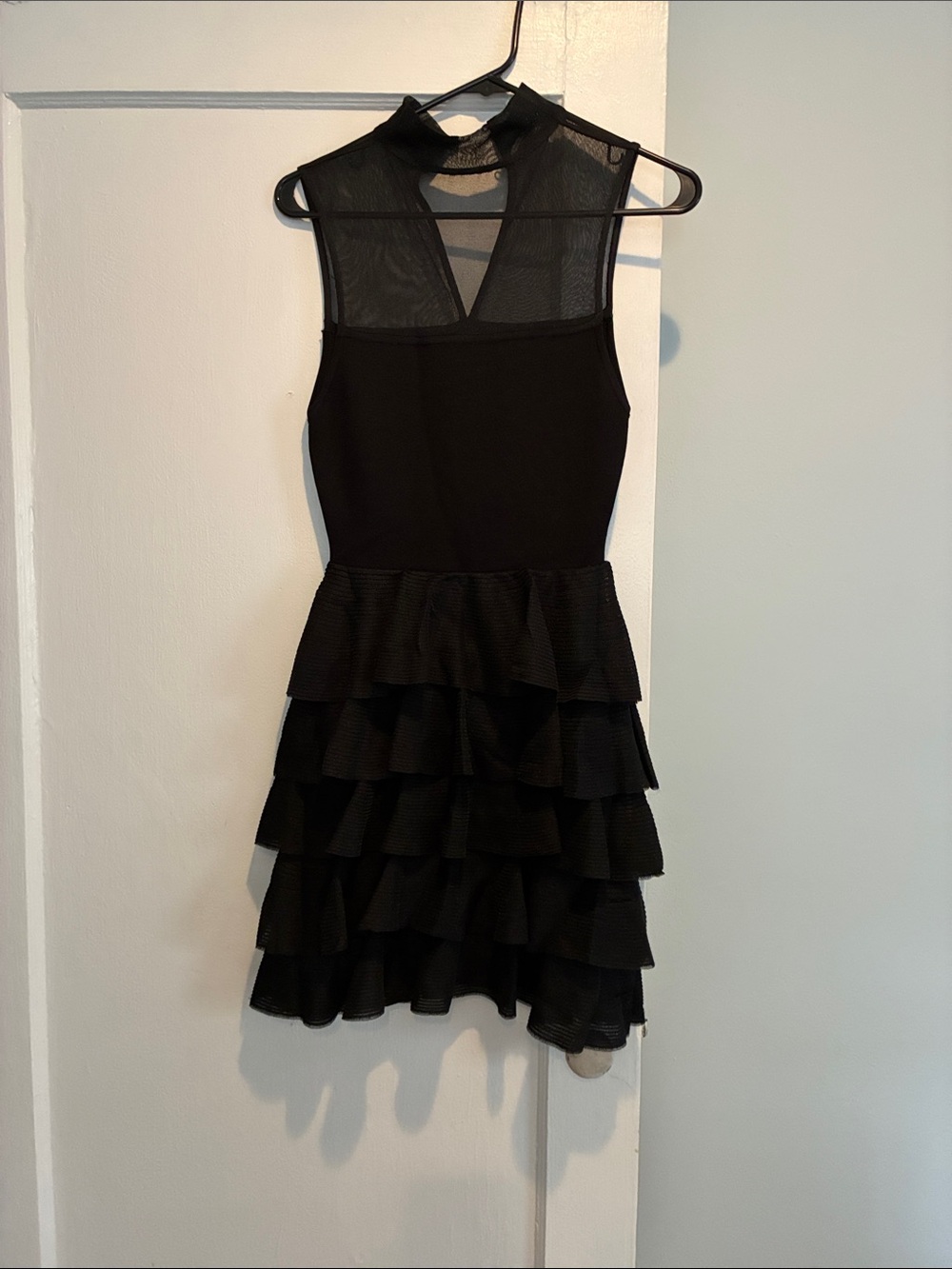 Alice + Olivia Black Sleeveless Mesh Yoke Tiered Ruffle Dress